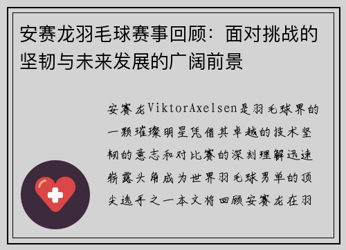 安赛龙羽毛球赛事回顾：面对挑战的坚韧与未来发展的广阔前景